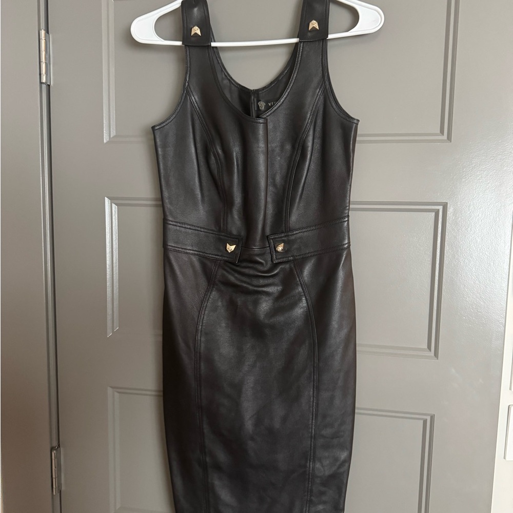 Vintage 2012 Versace Black Leather Midi Dress